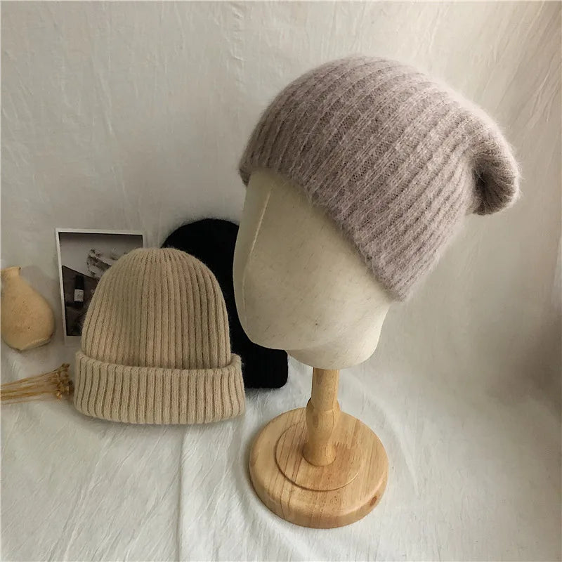Winter Dome Brimless Casual Hat Warm Rabbit Fur Knit Hat women's double-layer Thick Wool Hat Casual Hat Toe Cap Cold Hat 4m868