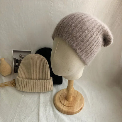Winter Dome Brimless Casual Hat Warm Rabbit Fur Knit Hat women's double-layer Thick Wool Hat Casual Hat Toe Cap Cold Hat 4m868