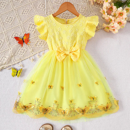 Girls' Summer Woven Flutter Sleeve Three-Dimensional Flower Three-Dimensional Butterfly Mesh Waist Bow Back Collar Open Button Casual Mesh Dress Wedding Party Light Dress Beach Holiday Party Princess Dress Gift