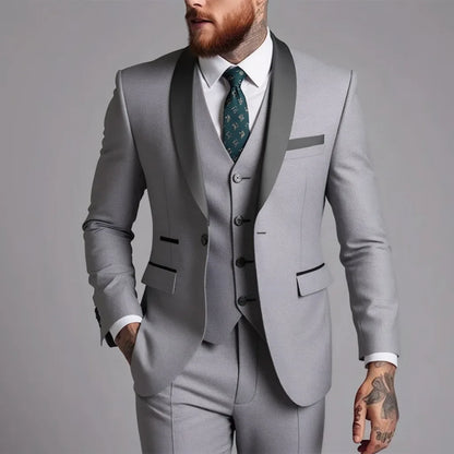 US Size Men Lapel Black Collar 3 Pcs Suit Set Coat Vest Trousers / Business Groom Wedding Dress Fprmal Blazer Pants Waistcoat