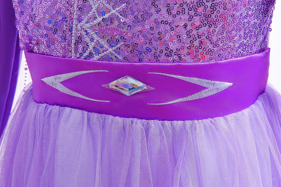 Frozen Cartoon Movie Elsa in Castle Purple Ball Gown with Long Train Princes Snow Queen Elsa Dress for Girls Role Play Halloween
