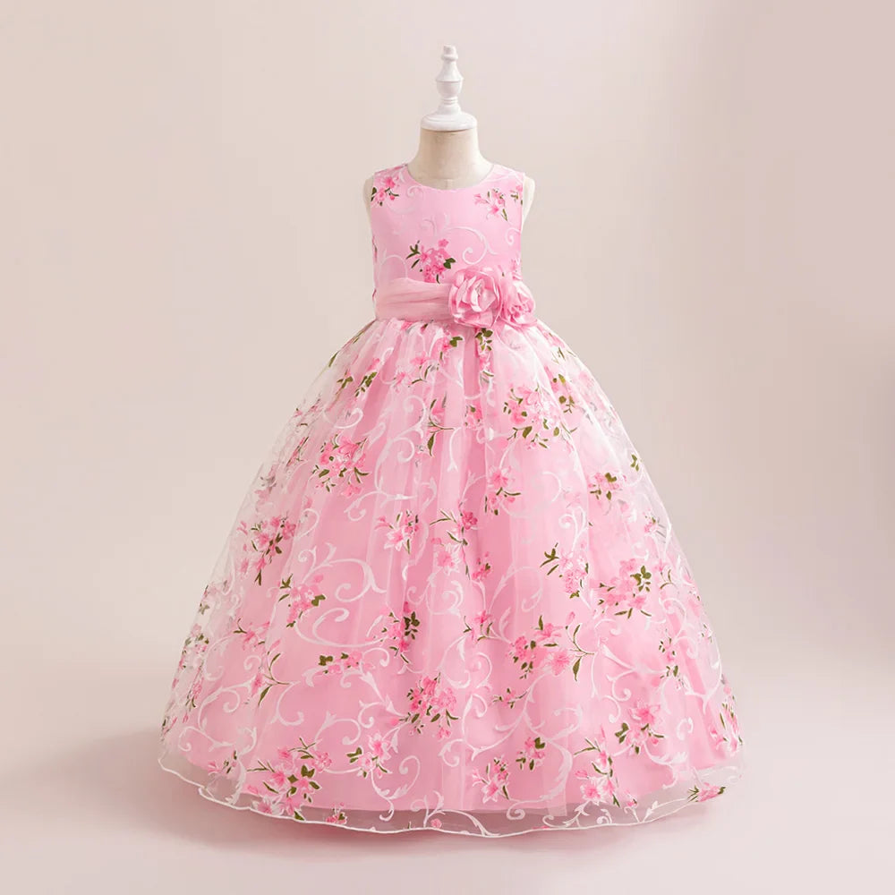 Summer Girls Floral Party Bridesmaids Dresses Elegant Tulle Wedding Princesss Prom Dress for Girl Gala Birthday Children Costume
