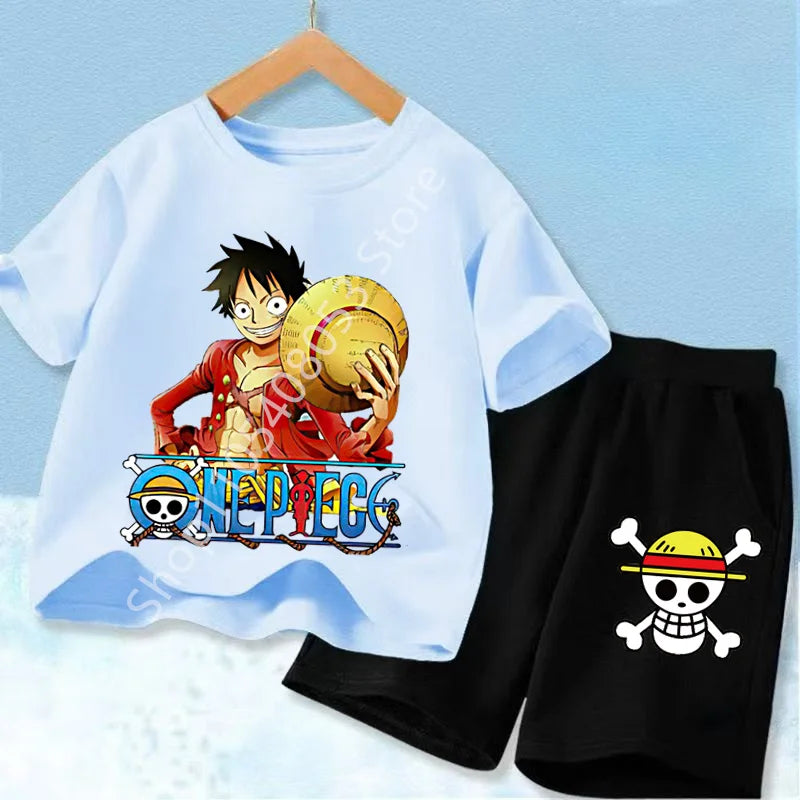 Summer Short Sleeve Clothes Set Anime Boy Girl T Shirt Shorts 2pcs One Piece Kids Outfit Chopper Luffy Tracksuit Suit Children