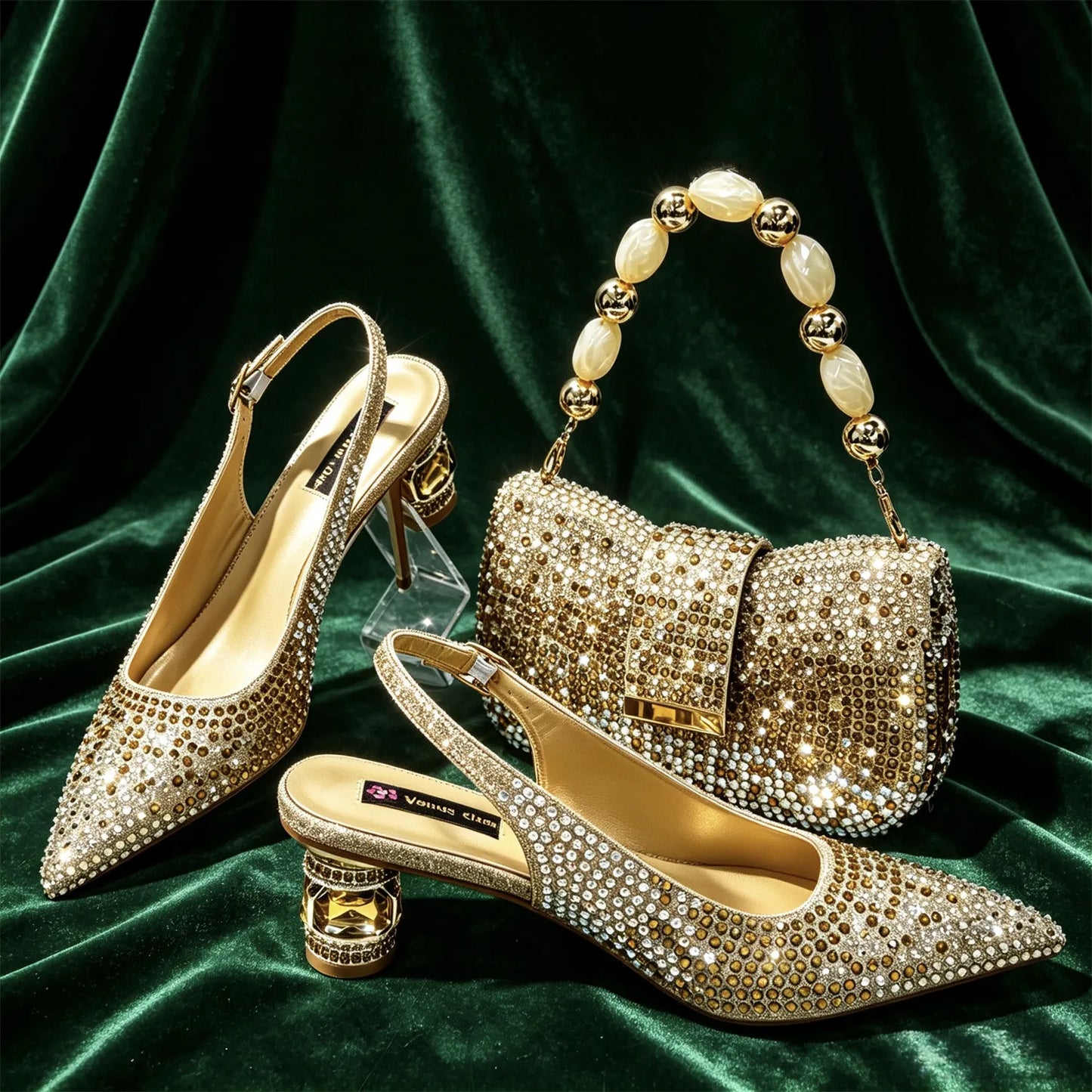 New Itlian Design Blue Color Rhinestone High Heel Shoe And Bag Fashion Style Pointed-Toe Shoes For COMFORT INCLUDED Women Shoes