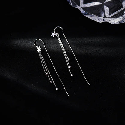 Designer 925 Sterling Silver Star Round Bead Long Tassel Dangle Earrings for Woman Exquisite Jewelry Accessories Gifts Colorfast