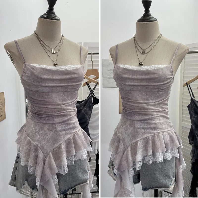 Summer Y2K Camisole for Women Casual Spaghetti Straps Double Layers Lace Stretch Mesh Patchwork Asymmetrical Slim Tops