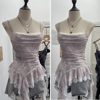 Summer Y2K Camisole for Women Casual Spaghetti Straps Double Layers Lace Stretch Mesh Patchwork Asymmetrical Slim Tops