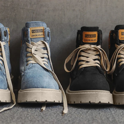 Breathable Men Boots Winter Denim Cloth Mens Ankle Boots Retro Work Boots Platform Men Casual Shoes Handmade High Top Shoes