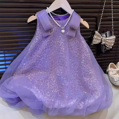 Flower Girl Dress Purple Mesh Sequin Birthday Party Children's Clothing Solid Color Vest Kids Dresses for Girls Casual Wear
