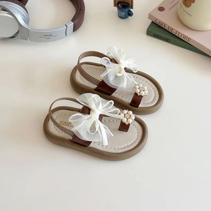 Summer Girl's Sandals Clip-toe Bowknot Elastic Band Soft Sole Kids Sliders Beautiful Pu Leather Chunky Morden Children Shoes