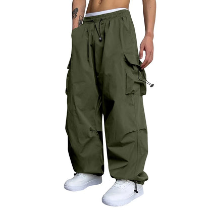 Cool Streetwear Versatile Quicky Drying Wide Leg Low Waist Drawstring Cargo Trousers Fashion Daily Casual Pockets Pants For Male