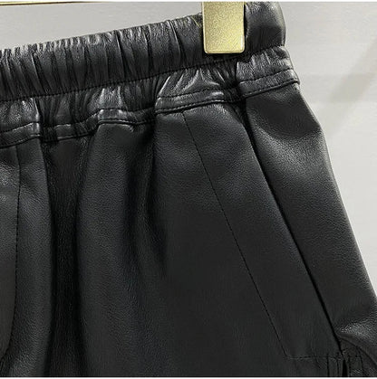 Women's Fashion Basic PU Leather Four Corner Pockets Comfortable Shorts New Versatile Black Short Pants
