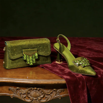 Italian Fashion Design Shoes and Bags Matching Set  High Heels green Color Rhinestones Elegant Women Shoes for Party