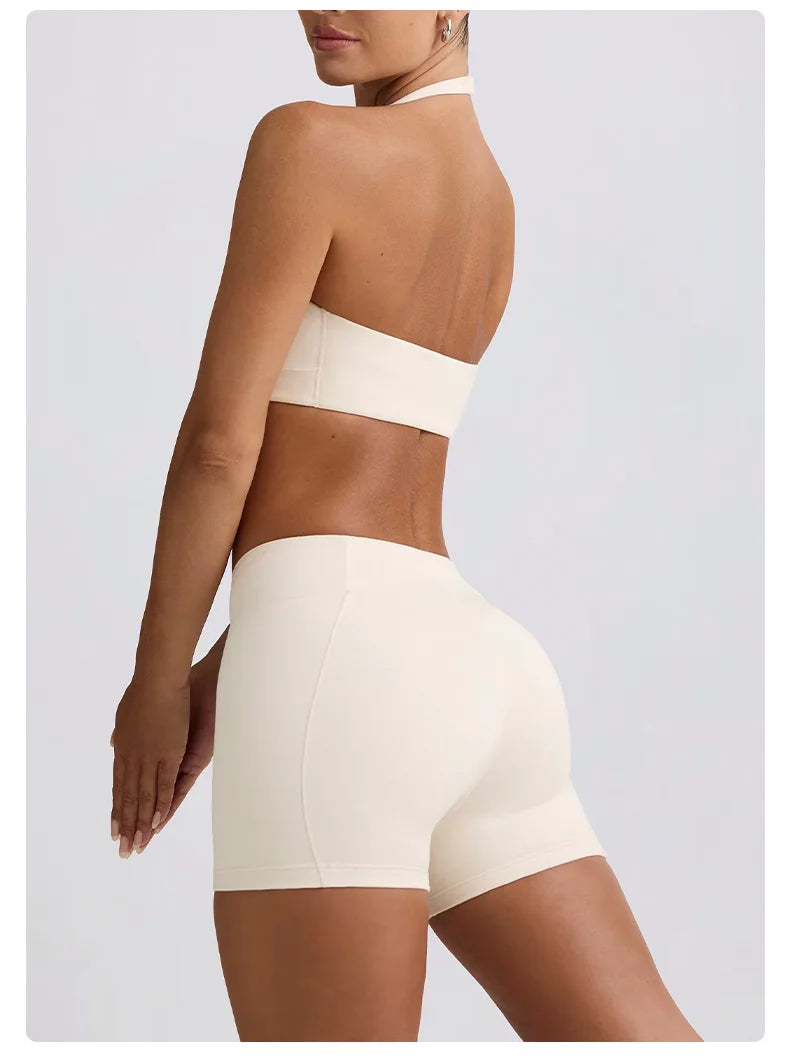 Women's Yoga Suits Quick Drying Leggings Gym Shorts Nude Hanging Neck Bra Running Gym Exercise Sets