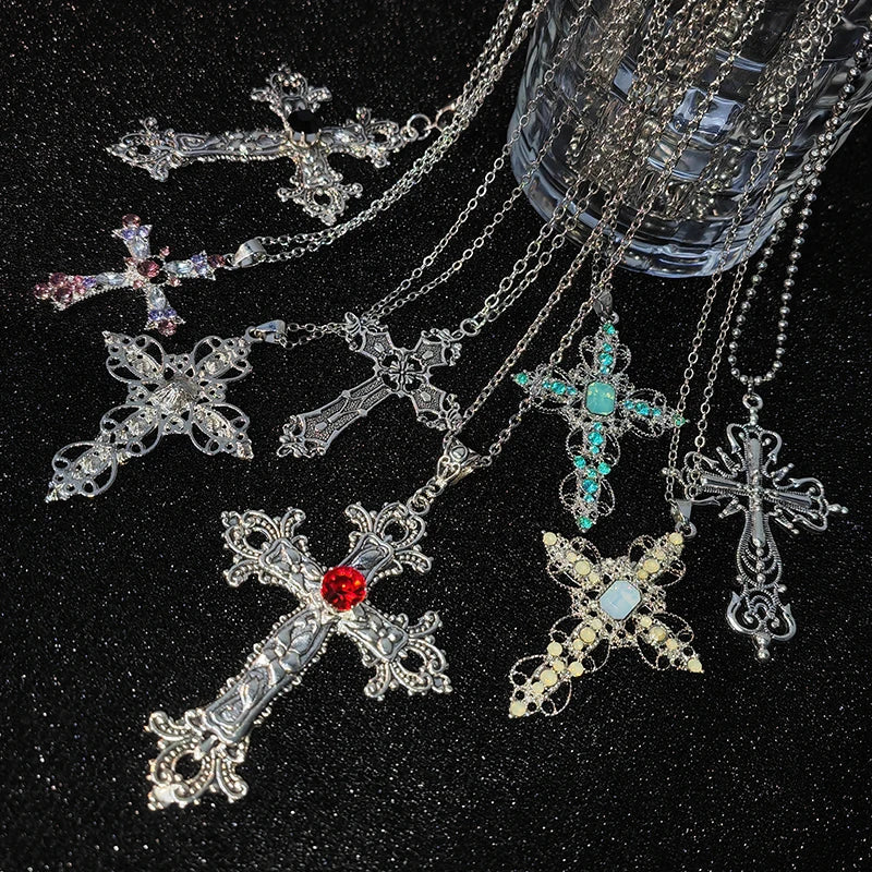 Gothic Big Zircon Cross Necklace Unisex Y2K Irregular Goth Large Cross Pendant Necklaces  for Men Women Couple Necklace Jewelry