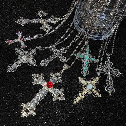 Gothic Big Zircon Cross Necklace Unisex Y2K Irregular Goth Large Cross Pendant Necklaces  for Men Women Couple Necklace Jewelry