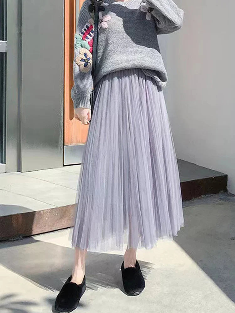Elegant Women Tulle Skirt  Korean Fashion Mesh White A Line Ladies Pleated Skirt Summer Chic High Waist Black Party Faldas