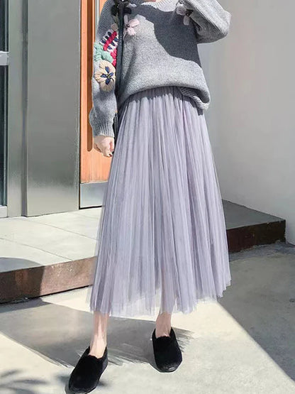 Elegant Women Tulle Skirt  Korean Fashion Mesh White A Line Ladies Pleated Skirt Summer Chic High Waist Black Party Faldas