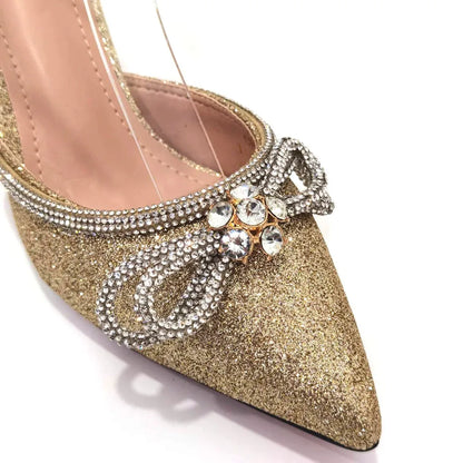 Ladies Pointed-Toe Party High Heels Magenta Colour Bow Rhinestone Stereo Bag Evening  African Wedding Shoe And Bag Set