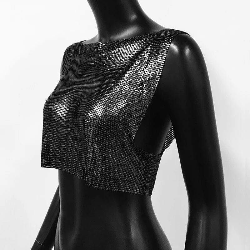 Sexy Metal Sequin Tank Top For Women y2k Summer Beach Backless Crop Top Rave Festival Club Outfits Camisole