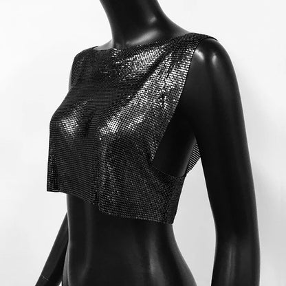 Sexy Metal Sequin Tank Top For Women y2k Summer Beach Backless Crop Top Rave Festival Club Outfits Camisole