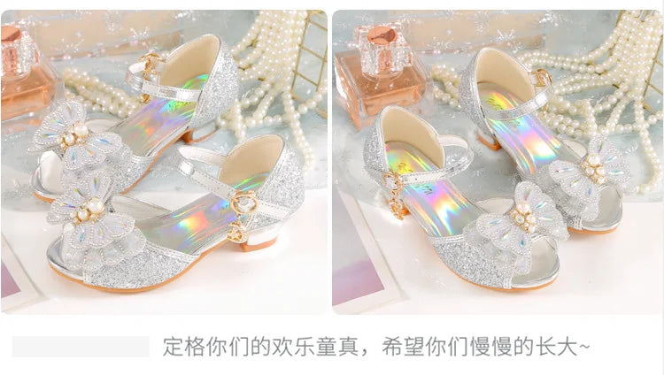 Children's Princess Shoes Summer New Girls' Performance High Heels Fashion Pearl Bow Baby Crystal Sandals