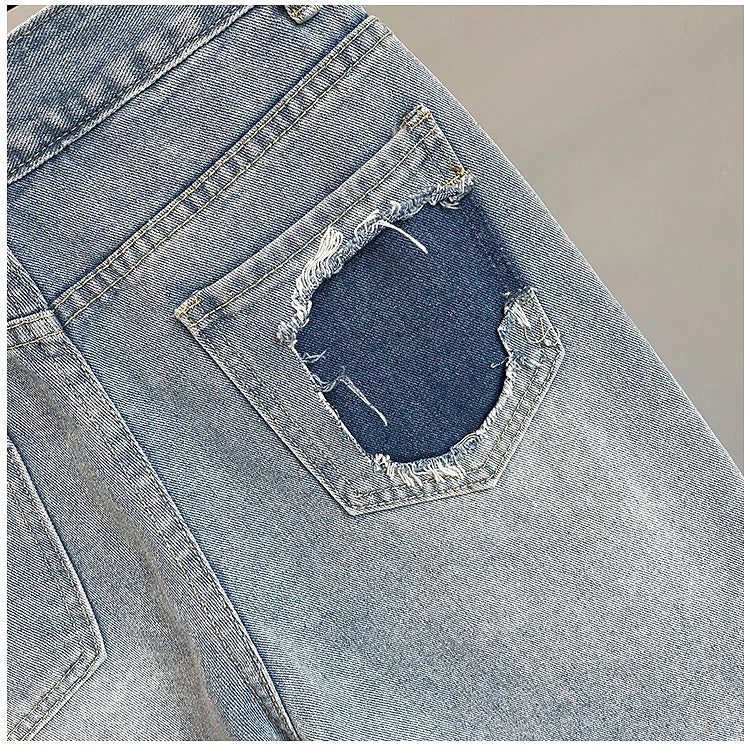 Colorful Diamond Studded Nail Bead Ripped Jeans Blue High Waisted Loose Shorts Shiny Fashionable Versatile Casual Trousers