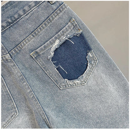 Colorful Diamond Studded Nail Bead Ripped Jeans Blue High Waisted Loose Shorts Shiny Fashionable Versatile Casual Trousers