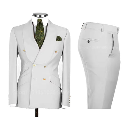 2 PCS Men's Smart Casual Solid Formal Tuxedo Suits with Shawl Lapel Double Breasted Jacket And Pants for Business And Wedding