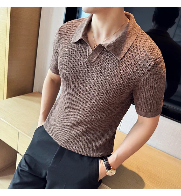 Hollow Knitted Short-Sleeved T-shirt, V-neck Brown Polo Shirt, High-End Quality, Cool, Luxury Genuine Goods，Slim Top