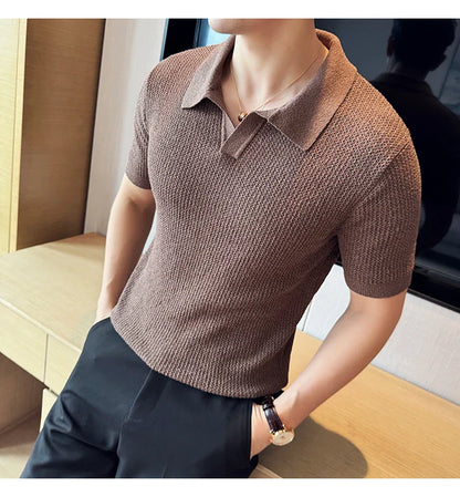 Hollow Knitted Short-Sleeved T-shirt, V-neck Brown Polo Shirt, High-End Quality, Cool, Luxury Genuine Goods，Slim Top