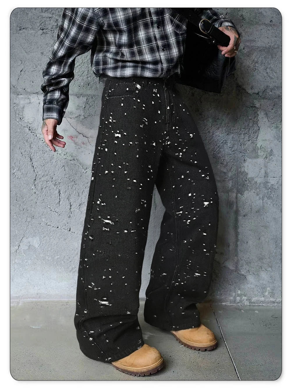 Japanese-Korean Style Baggy Jacquard Wide-leg Jeans American Retro Distressed Crochet Fabric Wide-leg Denim Pants Unisex
