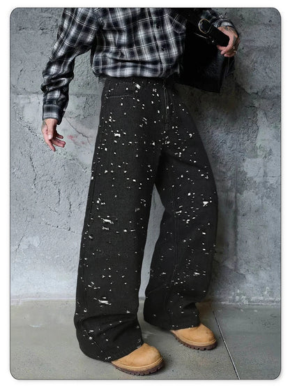Japanese-Korean Style Baggy Jacquard Wide-leg Jeans American Retro Distressed Crochet Fabric Wide-leg Denim Pants Unisex
