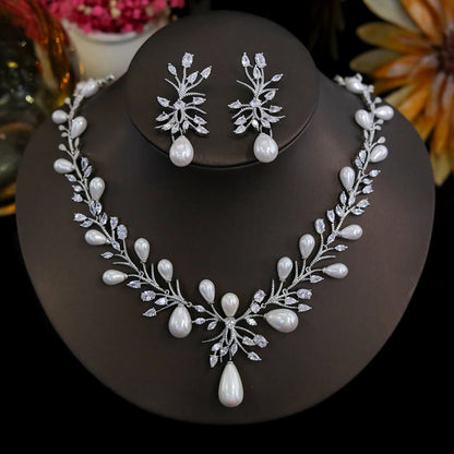 Luxury White Cubic Zirconia Big  Pearl Necklace and Earrings Wedding Bridal Party Jewelry Sets for Women Envio Gratis Todo X0470