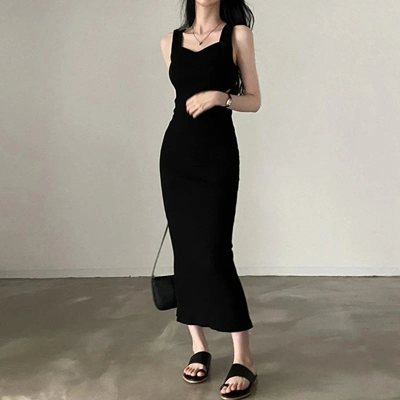 Basic Knit Long Dress Korean Fashion Square Collar Sleeveless Women's Dresses Summer Casual Y2k Vintage All-match Outftis
