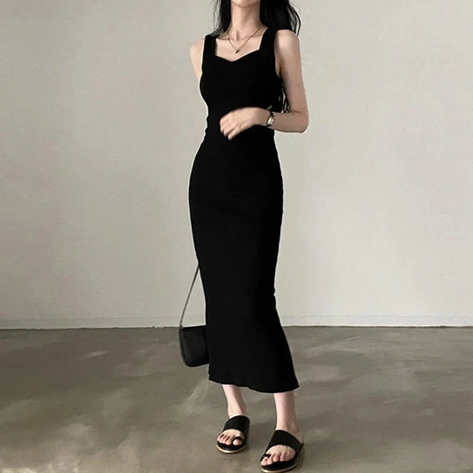 Basic Knit Long Dress Korean Fashion Square Collar Sleeveless Women's Dresses Summer Casual Y2k Vintage All-match Outftis