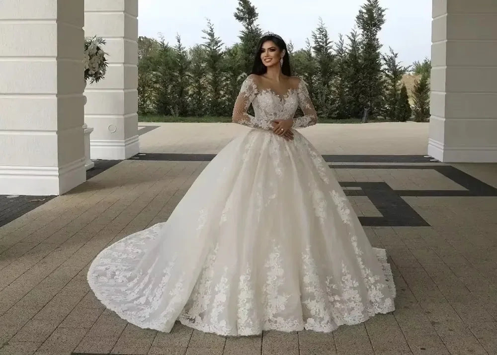 Customized Illusion Neck Church Wedding Dresses Long Sleeve Robe Lace Beading Bride Dress Ball Gown Women Vestidos de novia