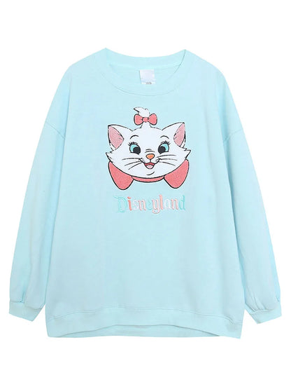 Embroidery Sweatshirt Women Casual Fleece Jumper Marie Cat Cartoon Loose Pullover Top O Neck Long Sleeve