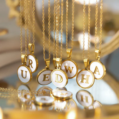 Round Gold Color Initial Letter Necklace Shell Circle Pendant Necklaces For Women Men Stainless Steel Chain Jewelry Gift