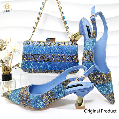Nigerian Women Heel Ladies Italian Luxury Design Green Shoes And Bag Set Decorated with Rhinestone Handbag Wedding Party