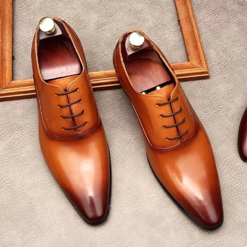 First-layer Cowhide Pointed Leather Shoes For Men British Style Genuine Cow Leather Brownish Yellow Oxford Formal Shoes