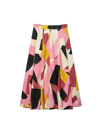 2025 Women Summer MIDI Skirts Fashion Print Side Zipper Female ELegant Street Skirt Clothing