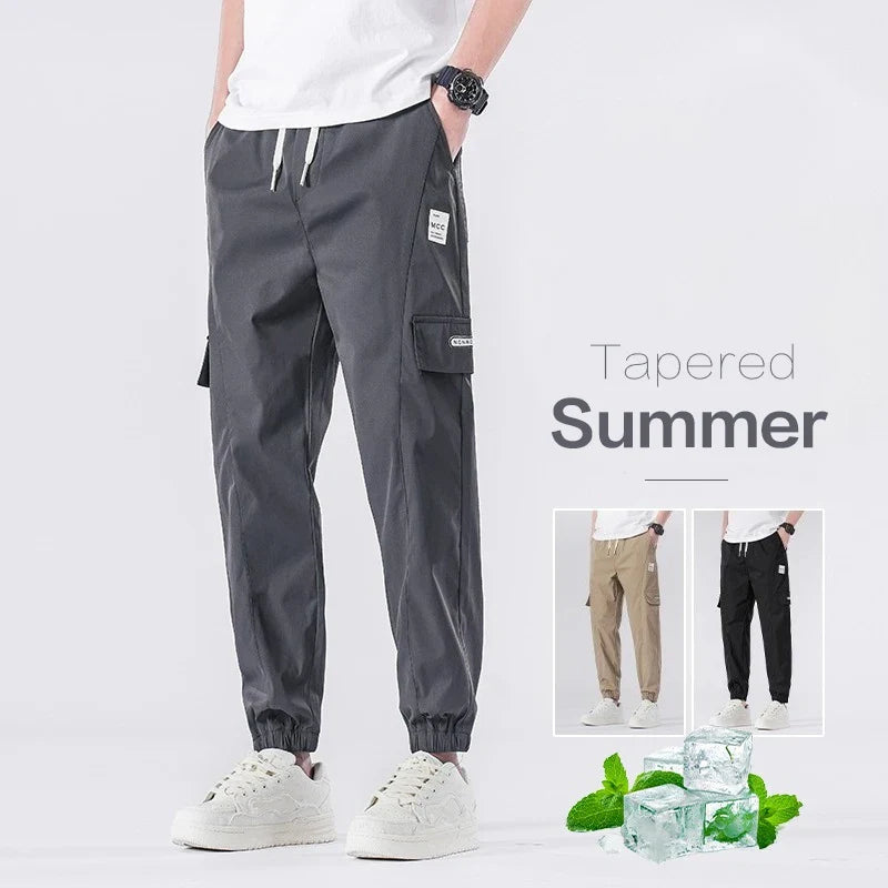Spring Summer Thin Men's Cargo Pants Loose Tapered Elastic Cuff Jogger Trousers Quick Dry Casual Outdoor Haren Pants Male 5XL