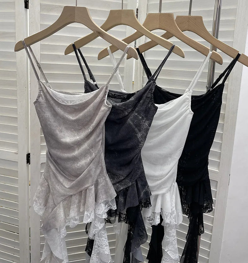 Summer Y2K Camisole for Women Casual Spaghetti Straps Double Layers Lace Stretch Mesh Patchwork Asymmetrical Slim Tops