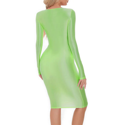 Womens Oil-shiny Bodycon Dress Long Sleeve Hip Wrap Sleep Dress Sexy Nightwear for Clubwear Performance Cocktail Party Costume