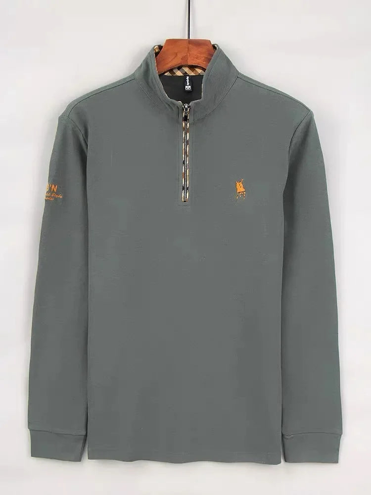 Luxury new Half Zipper Long Sleeve T-shirt 100% Cotton Brand Embroidered Stand Collar Men's Clothing Autumn Casual polo shirt