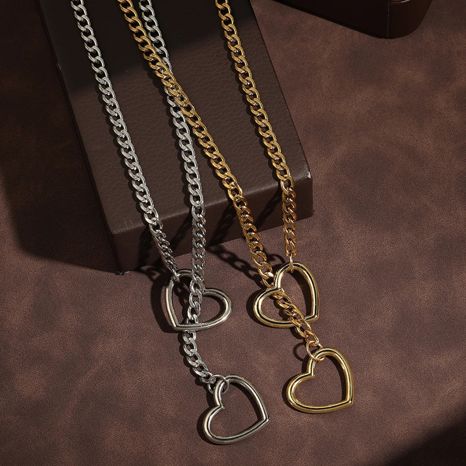Adjustable Stainless Steel Cuban Link Necklace Hollow Heart Y-Shaped Necklace Punk Rock Style Party Accessories