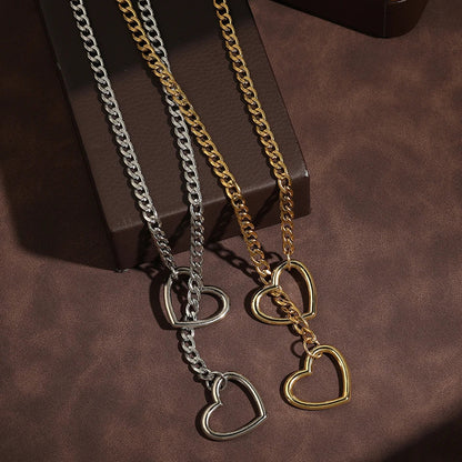 Adjustable Stainless Steel Cuban Link Necklace Hollow Heart Y-Shaped Necklace Punk Rock Style Party Accessories
