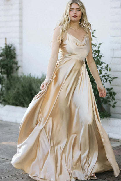 Vestido de Madrinha em Cetim, Estilo Evasê, Fenda, Decote Drapeado, 3 Estilos, com Amarrações, para Eventos Especiais, Vestido de Noite, Vestido de Formatura