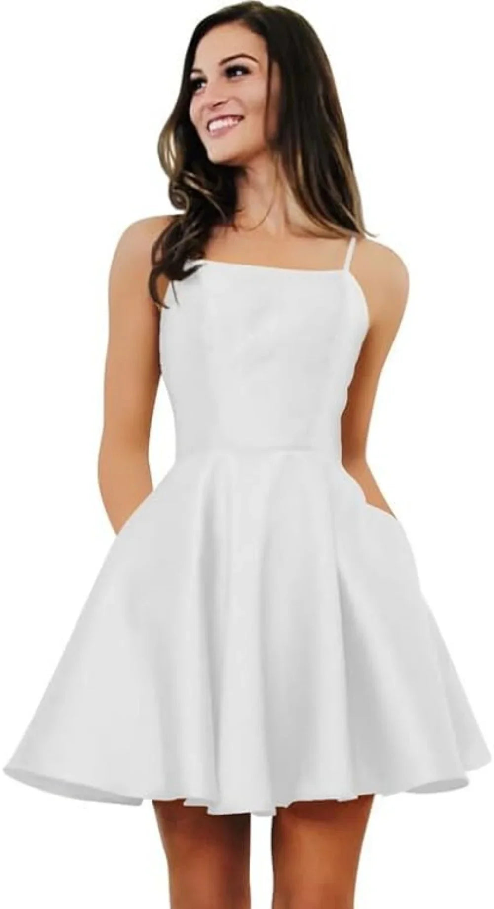 Short Homecoming Dresses for Teens With Pockets Spaghetti Straps Satin Prom Dress for Women A-line Knee Length Party Dress